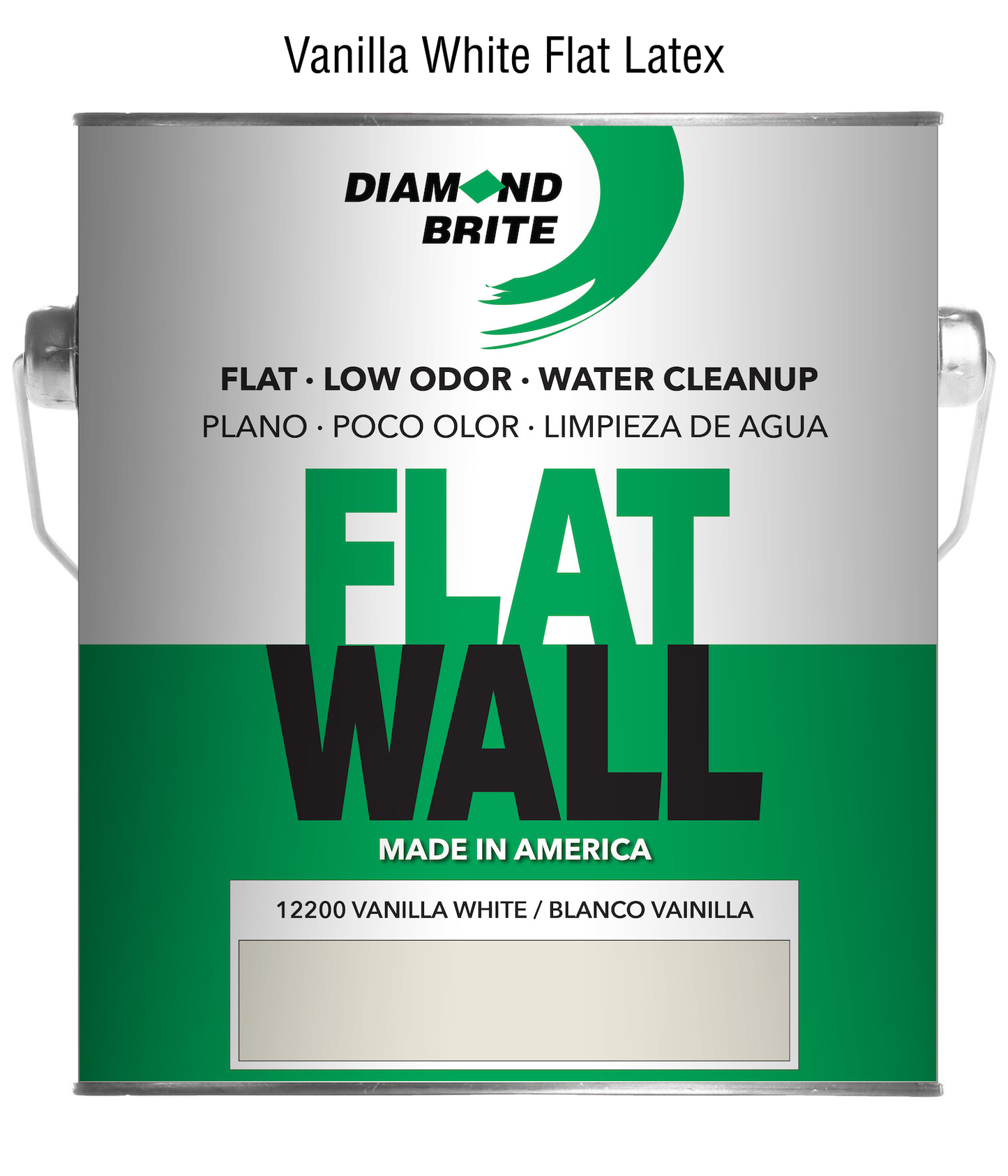 Can of Diamond Brite Vanilla White Flat Latex paint on a white background