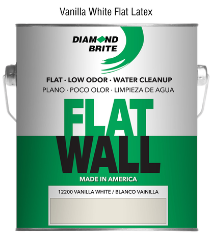 Can of Diamond Brite Vanilla White Flat Latex paint on a white background