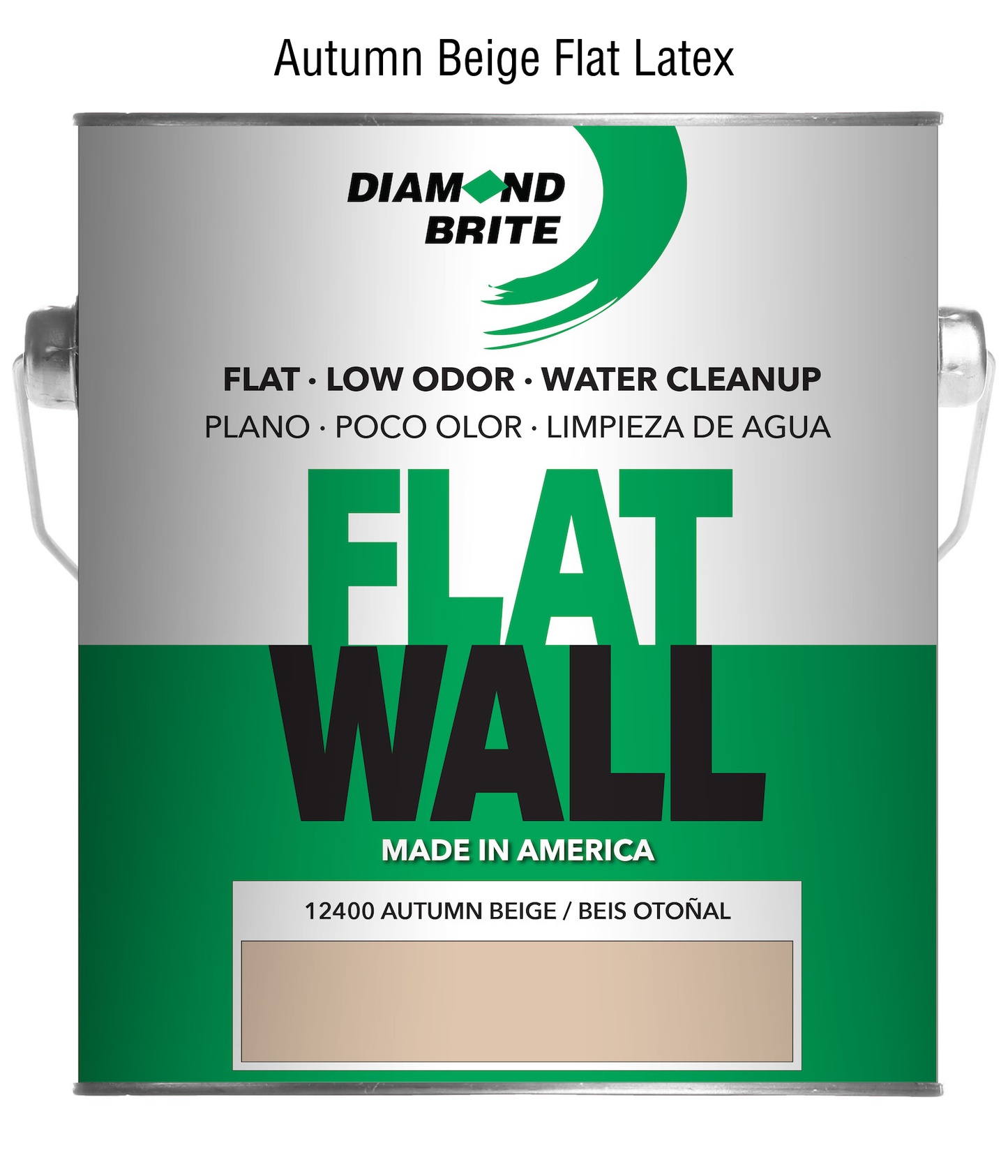 Can of Diamond Brite Autumn Beige Flat Latex paint on a white background