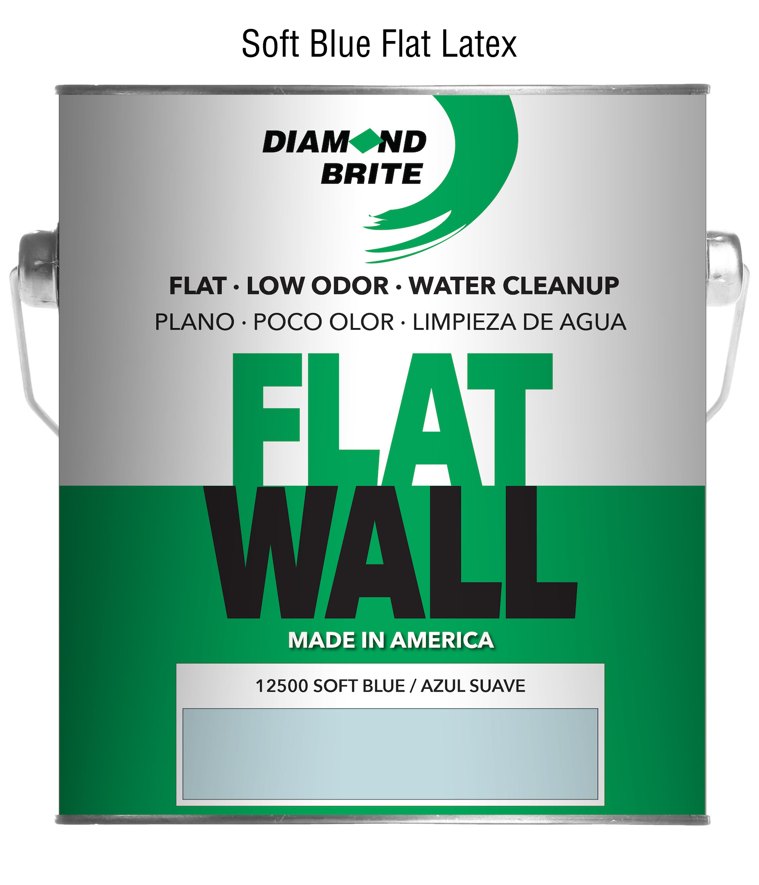 Can of Diamond Brite flat wall paint in soft blue color on a white background