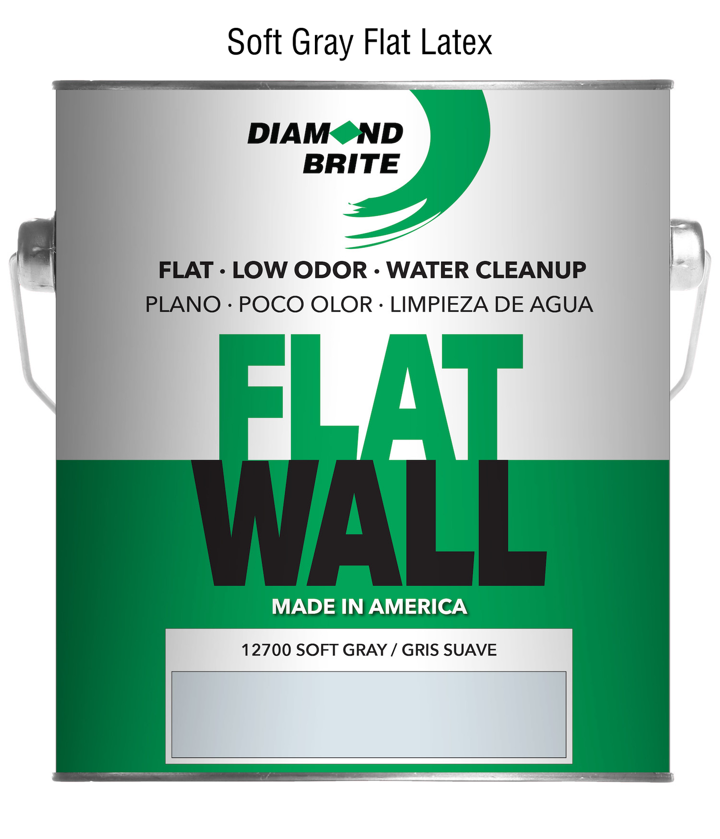 Diamond Brite flat wall paint can in soft gray color on a white background