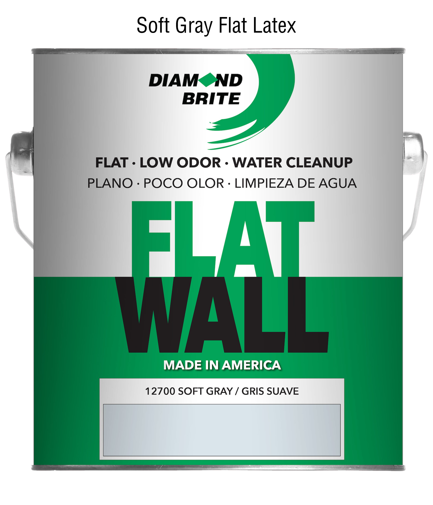 Diamond Brite flat wall paint can in soft gray color on a white background