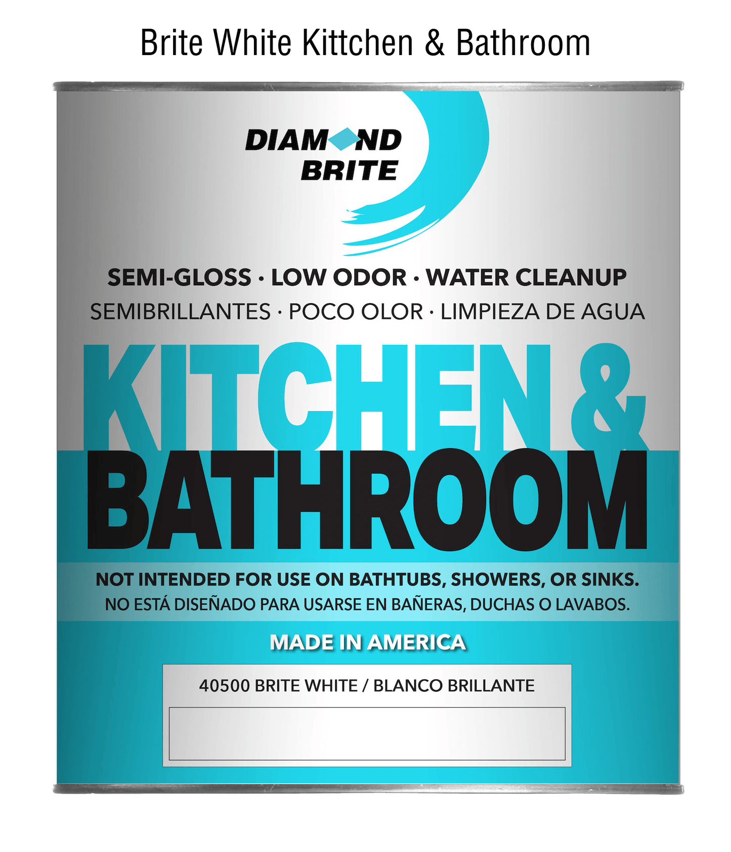 Can of Diamond Brite kitchen and bathroom paint in Brite White on a white background