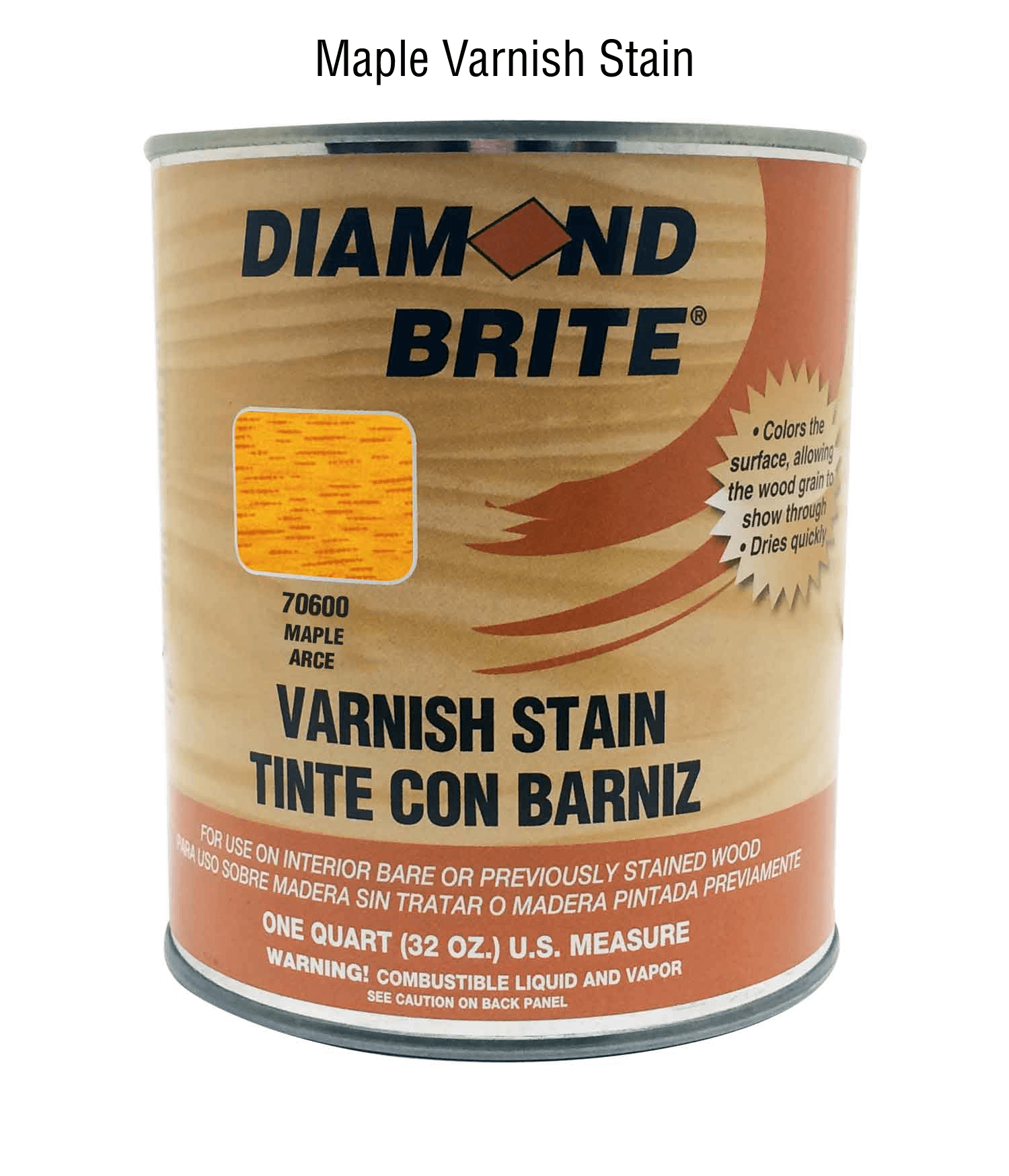 Can of Diamond Brite Varnish Stain in Maple color on a white background